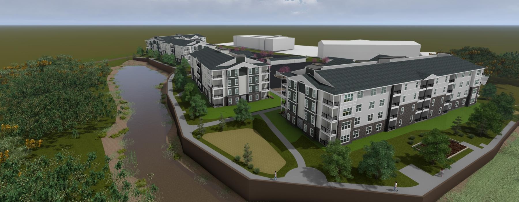 a building with a river