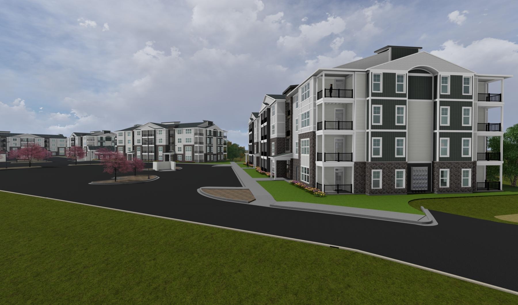 a building with a green lawn